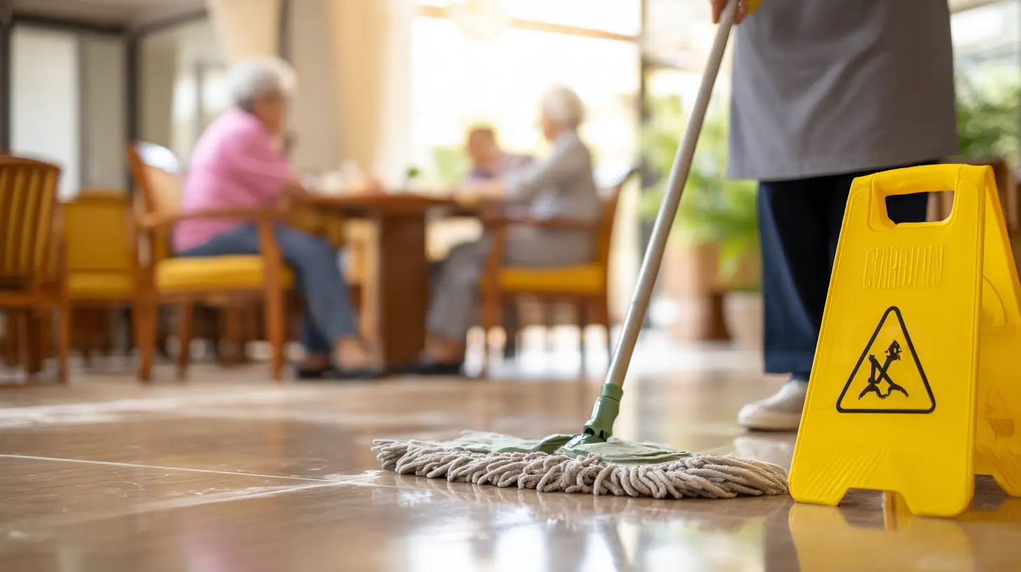Professional cleaner mopping a polished tiled floor with a yellow wet floor caution sign in an aged care facility dining area, Melbourne