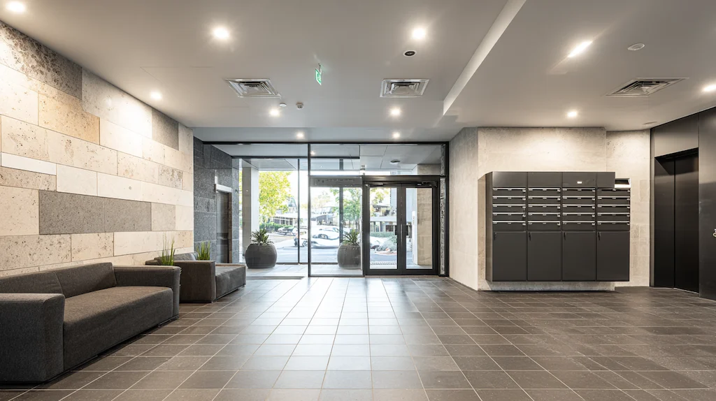 Spotless professionally cleaned modern apartment building lobby with polished tiled floor, mailboxes and lift in a Melbourne body corporate complex