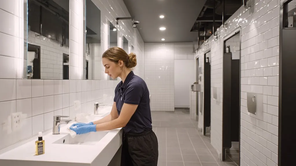 Professional cleaner in navy uniform and blue gloves cleaning a commercial bathroom vanity in a gym or fitness facility