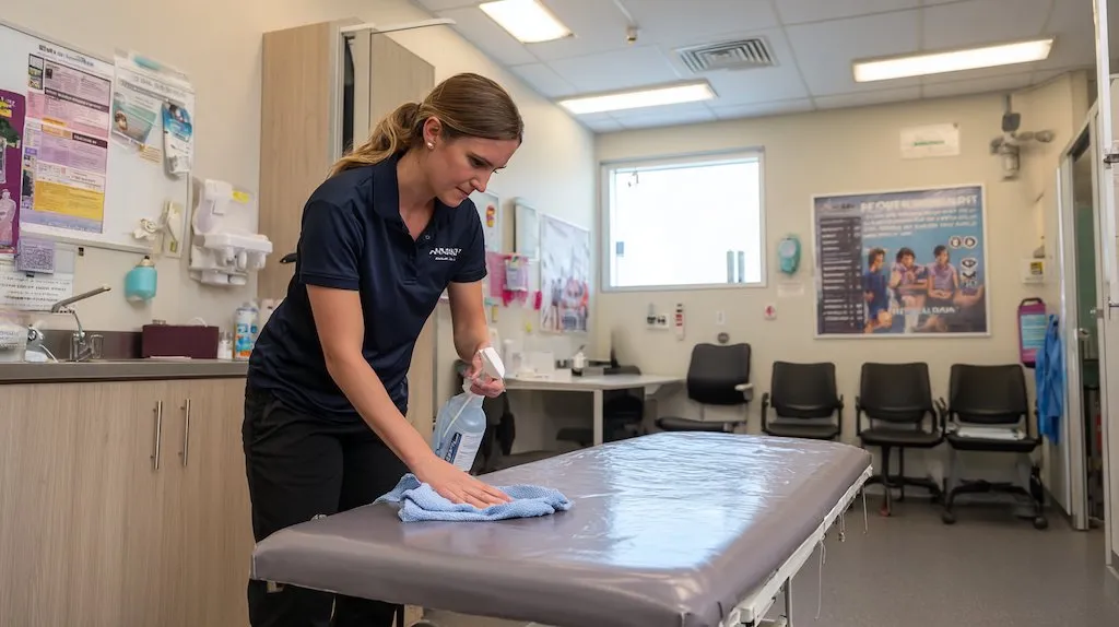 Professional cleaner in navy uniform sanitising a medical examination table in an Australian medical centre