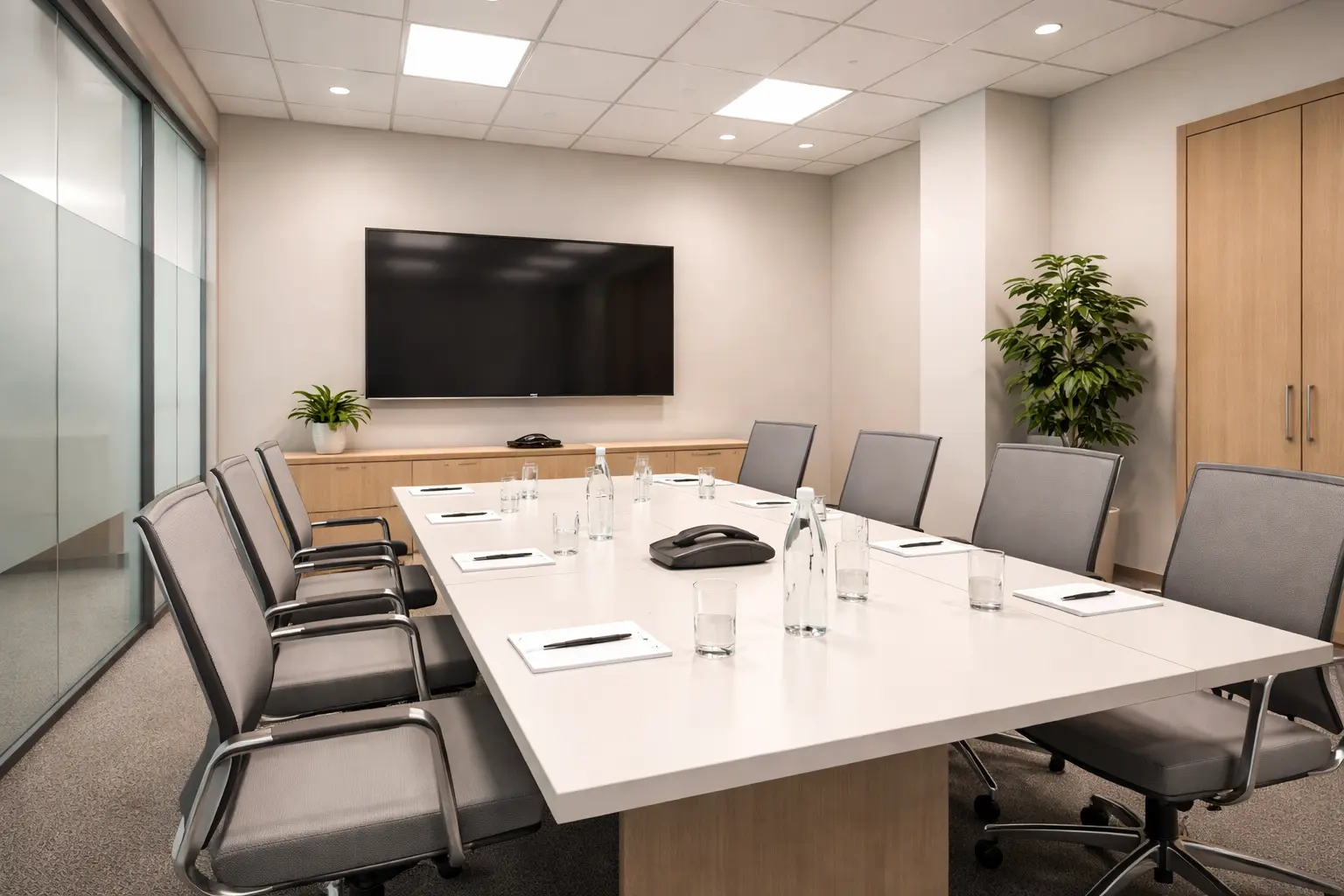 Spotless professionally cleaned corporate boardroom with polished white meeting table, grey ergonomic chairs and wall-mounted screen in a Melbourne office