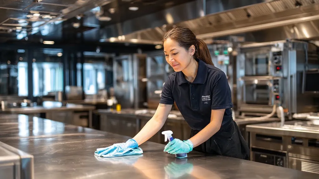 Professional cleaner in navy uniform wiping down a stainless steel commercial kitchen benchtop in a restaurant