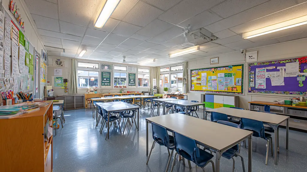 Spotless professionally cleaned primary school classroom with polished vinyl floor, neatly arranged desks and blue chairs in a Melbourne school