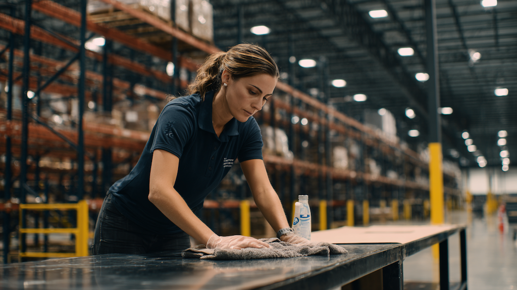 Professional cleaner in navy uniform wiping down a workbench inside a large Melbourne warehouse with high pallet racking in the background
